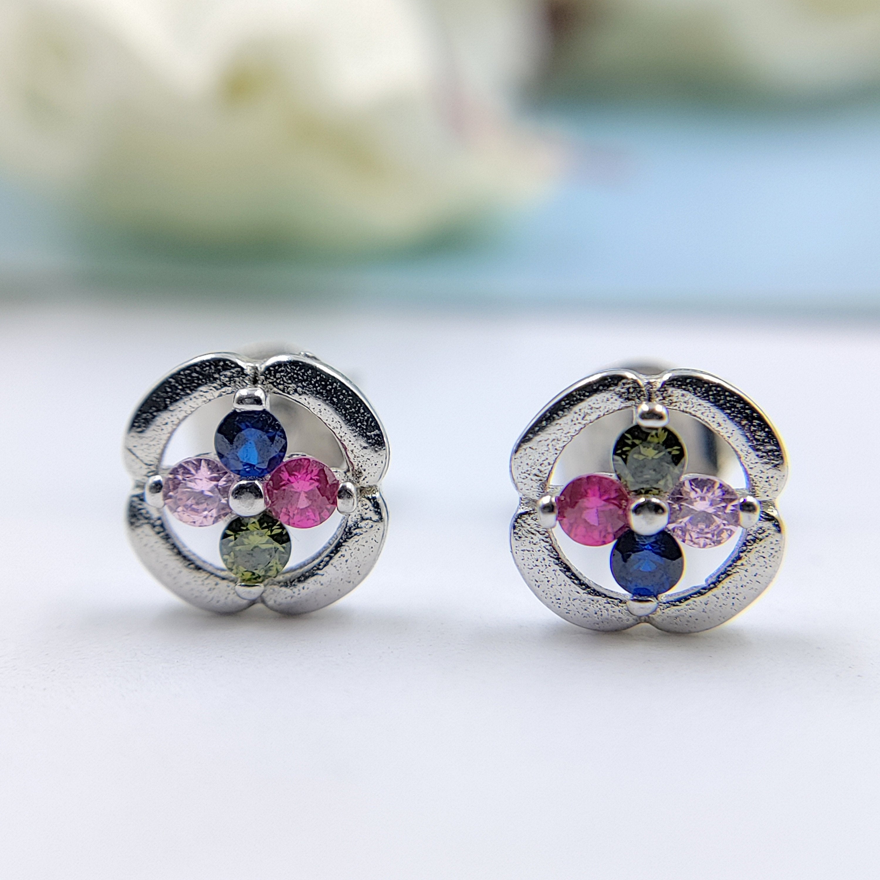 Flower Studs 925 Sterling Silver Multicolor Floral Earrings with Colorful CZ Clover Minimalist Handmade Gift for Mother Daughter
