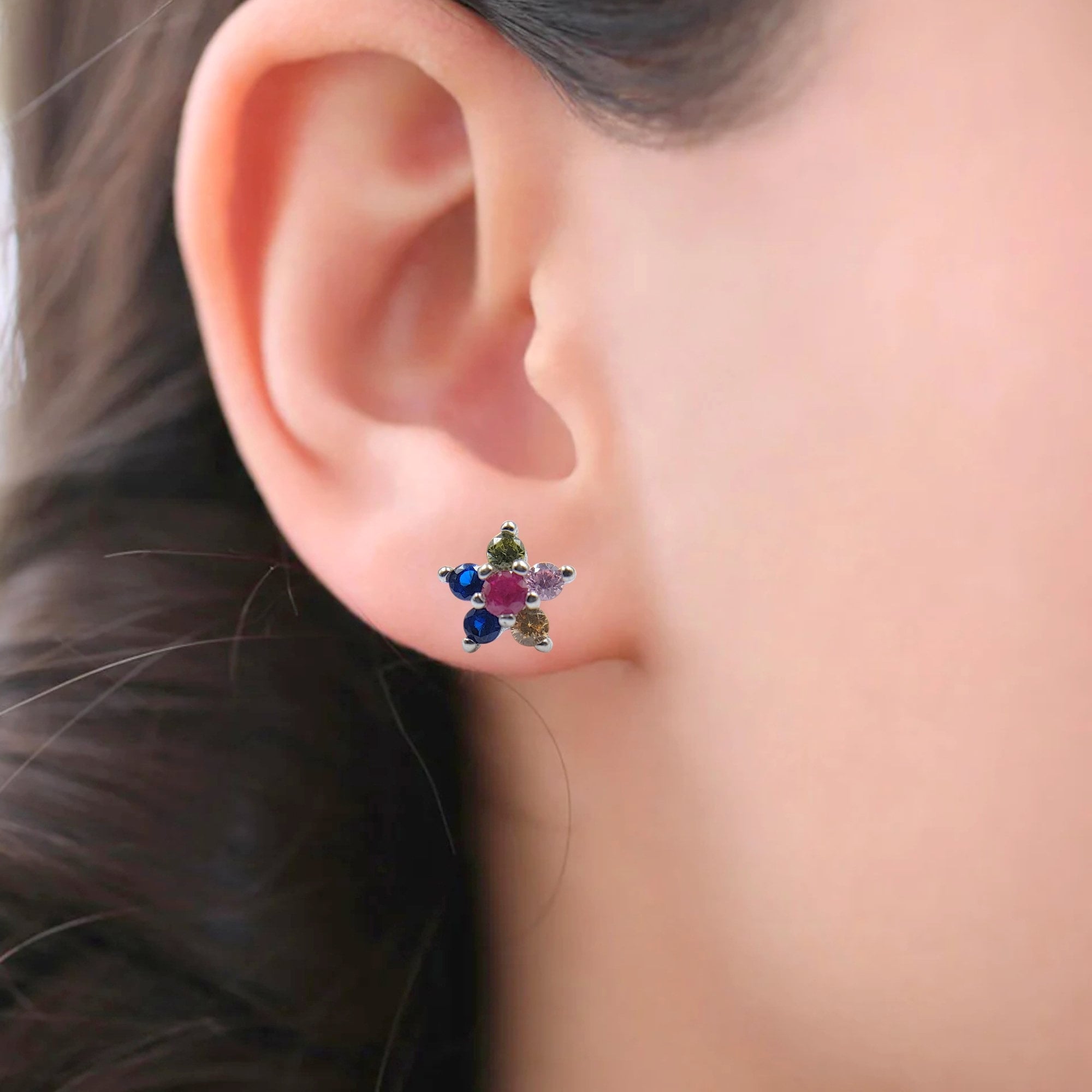 Vibrant Colored CZ Flower Design Stud Earrings Stylish Colorful CZ Diamond Earring Trending Minimalist Handmade Gift