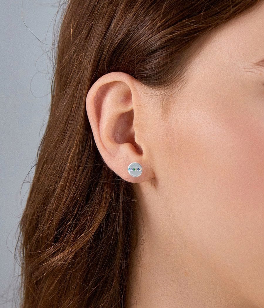 925 Sterling Silver Round Stud Earrings with Colorful CZ Horizontal Line Flathead Studs