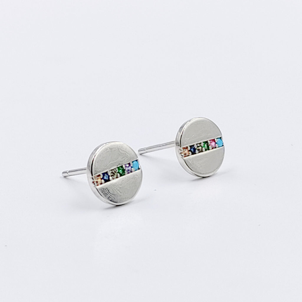 925 Sterling Silver Round Stud Earrings with Colorful CZ Horizontal Line Flathead Studs