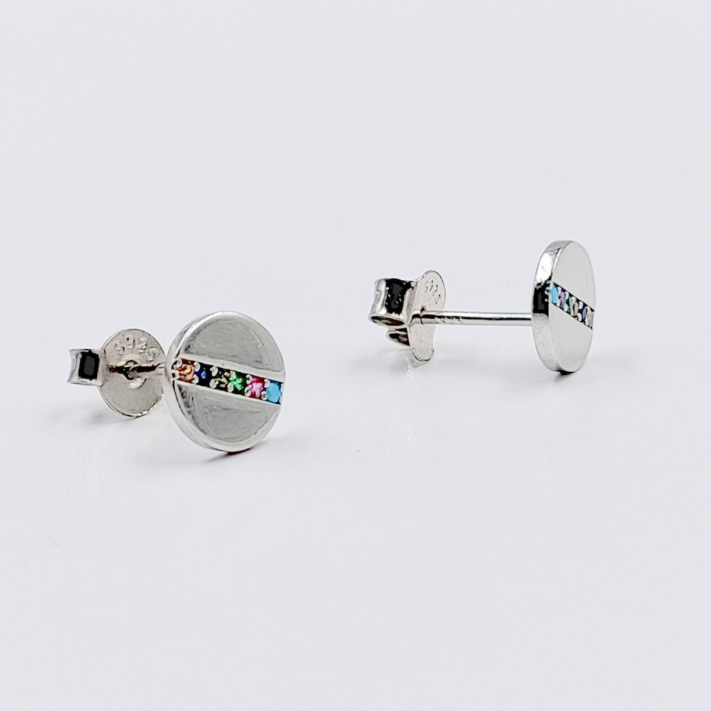 925 Sterling Silver Round Stud Earrings with Colorful CZ Horizontal Line Flathead Studs