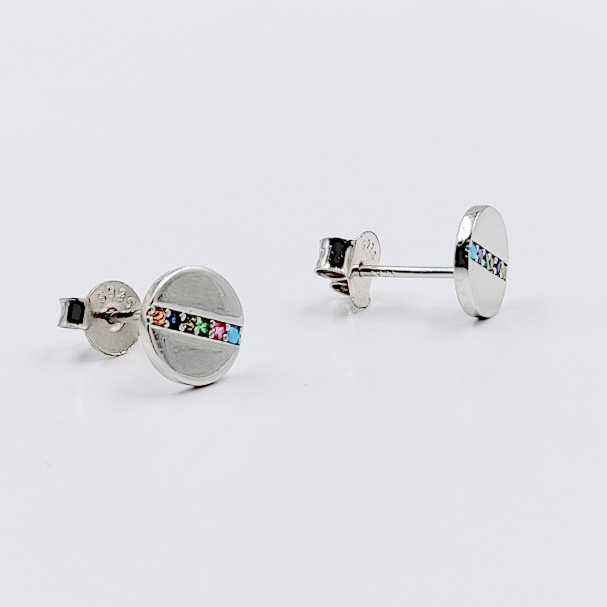 925 Sterling Silver Round Stud Earrings with Colorful CZ Horizontal Line Flathead Studs Minimalist Handmade Gift