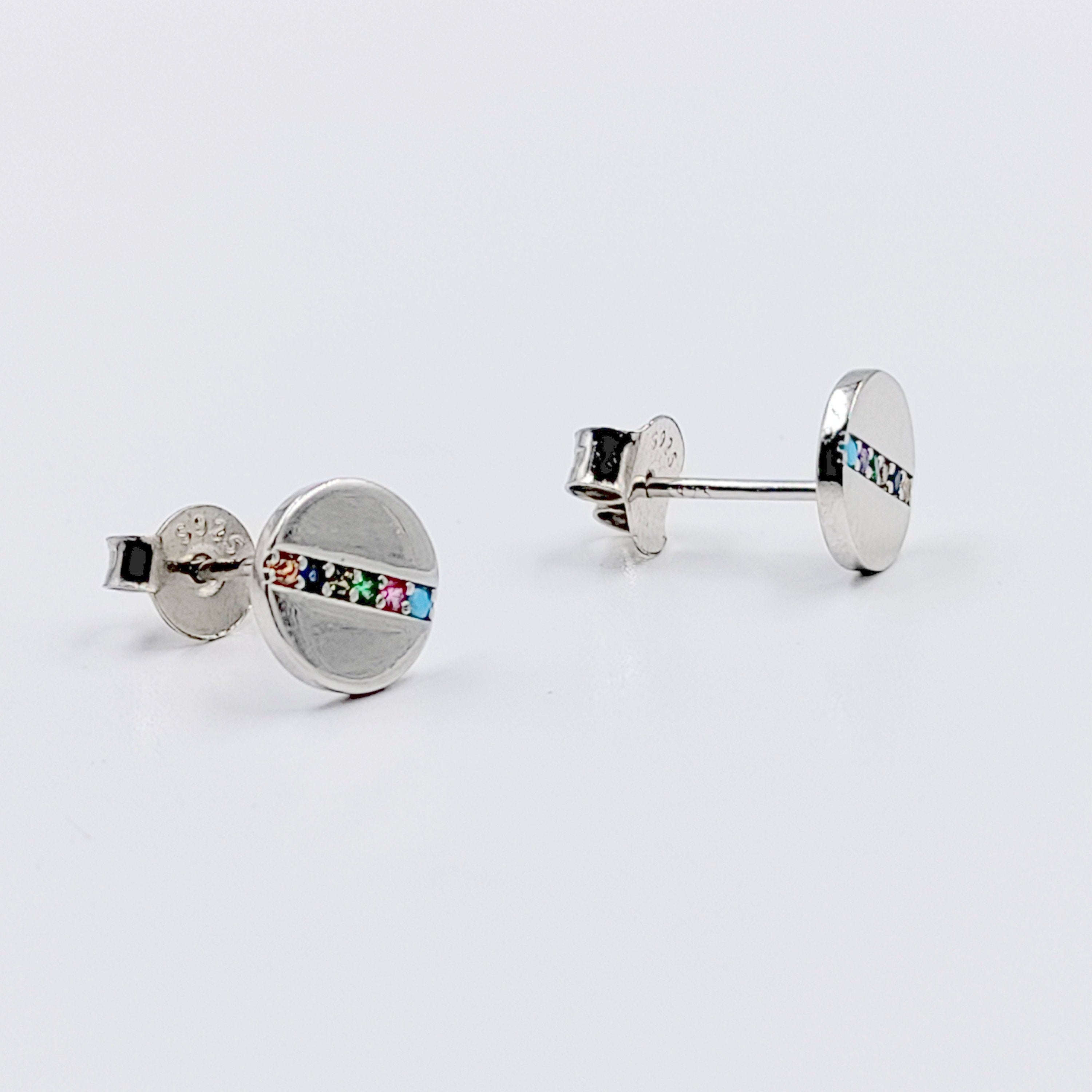 925 Sterling Silver Round Stud Earrings with Colorful CZ Horizontal Line Flathead Studs Minimalist Handmade Gift