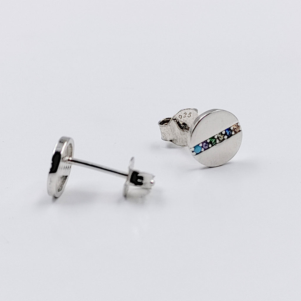 925 Sterling Silver Round Stud Earrings with Colorful CZ Horizontal Line Flathead Studs