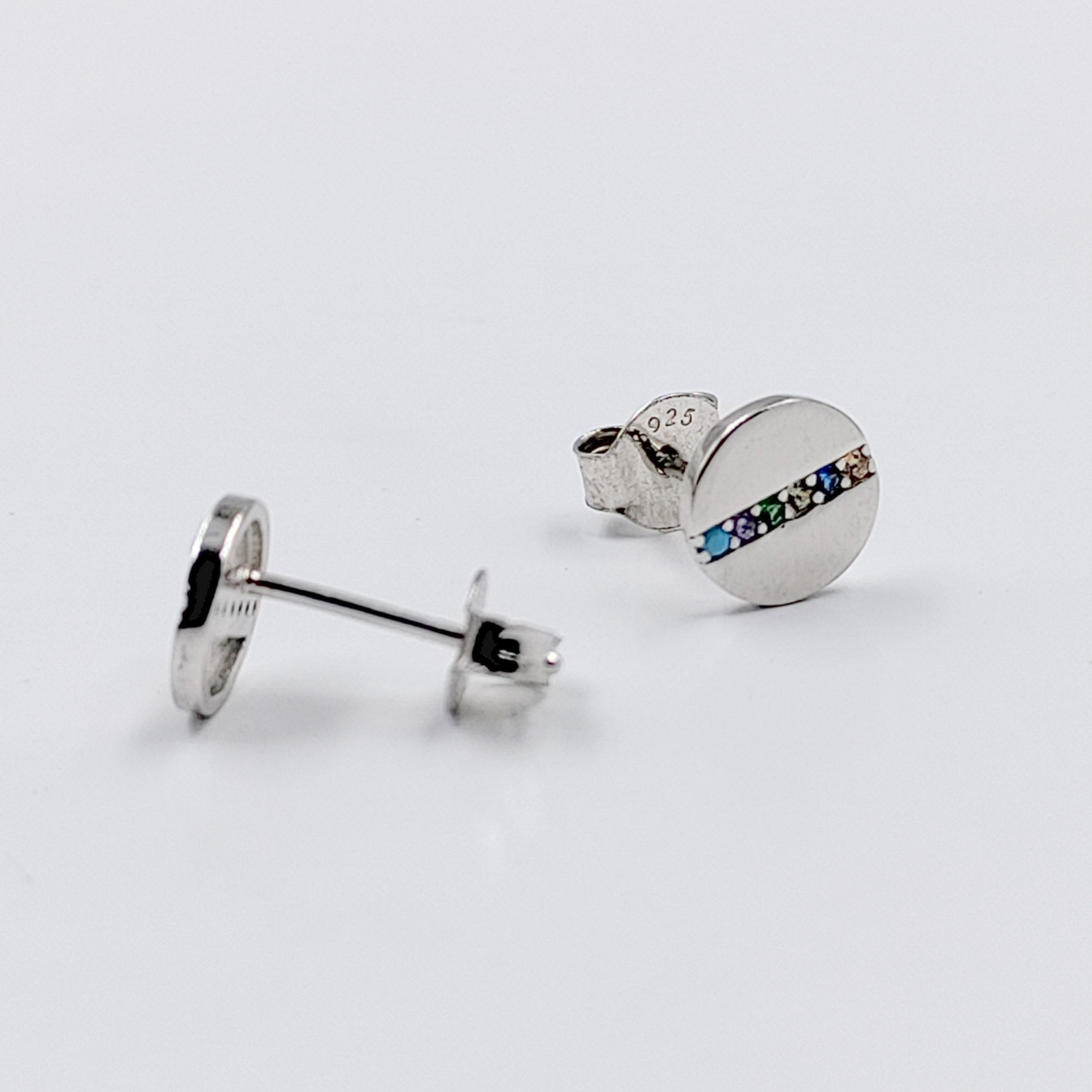 925 Sterling Silver Round Stud Earrings with Colorful CZ Horizontal Line Flathead Studs Minimalist Handmade Gift