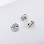 925 Sterling Silver Round Stud Earrings with Colorful CZ Horizontal Line Flathead Studs