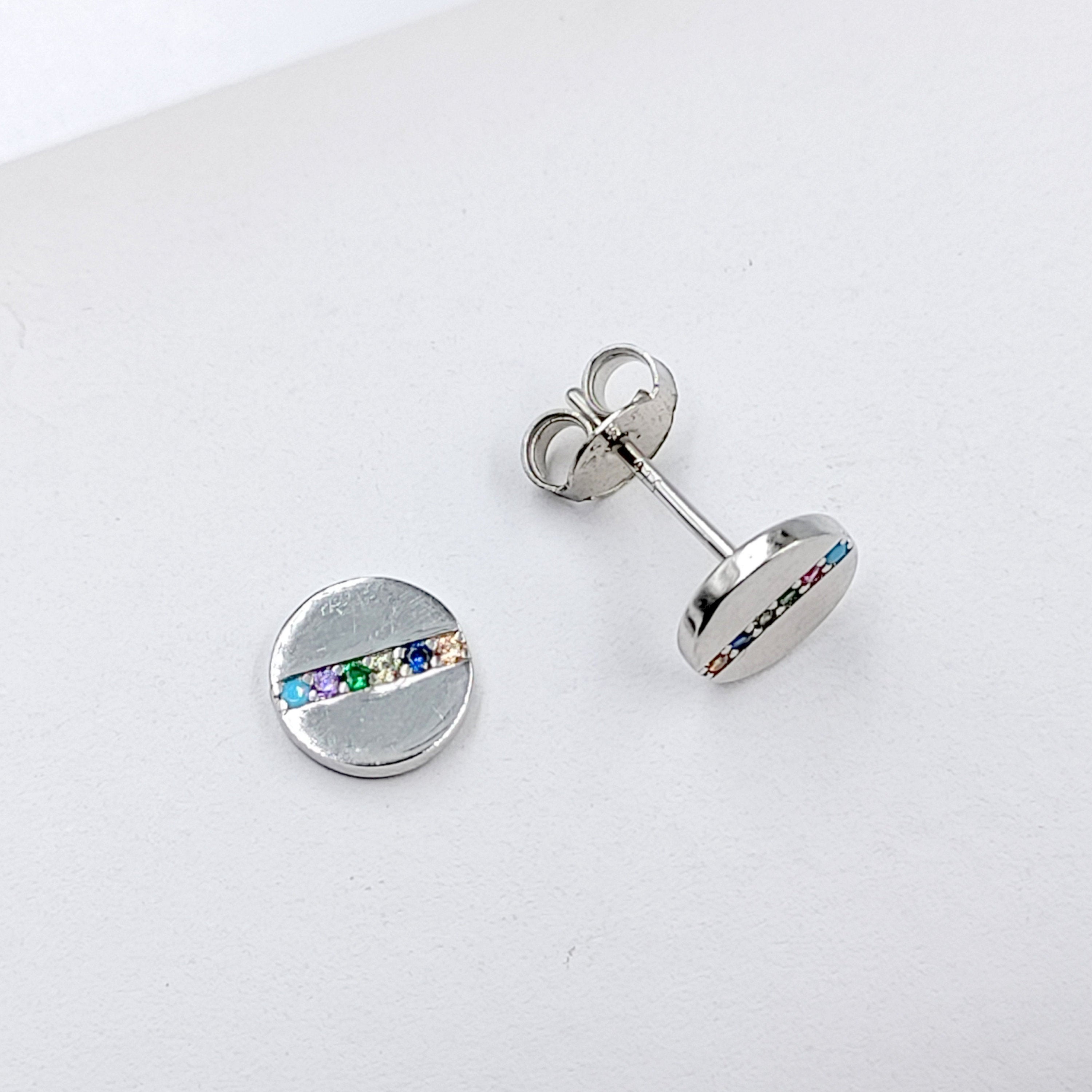 925 Sterling Silver Round Stud Earrings with Colorful CZ Horizontal Line Flathead Studs Minimalist Handmade Gift