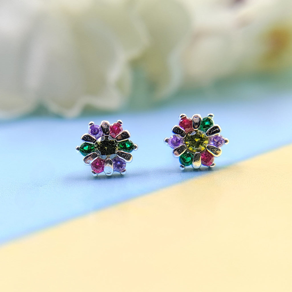 925 Silver Star Round Floral Design Studs Earrings Stylish Colorful Cubic Zirconia Stud Earring