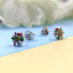 925 Silver Star Round Floral Design Studs Earrings Stylish Colorful Cubic Zirconia Stud Earring