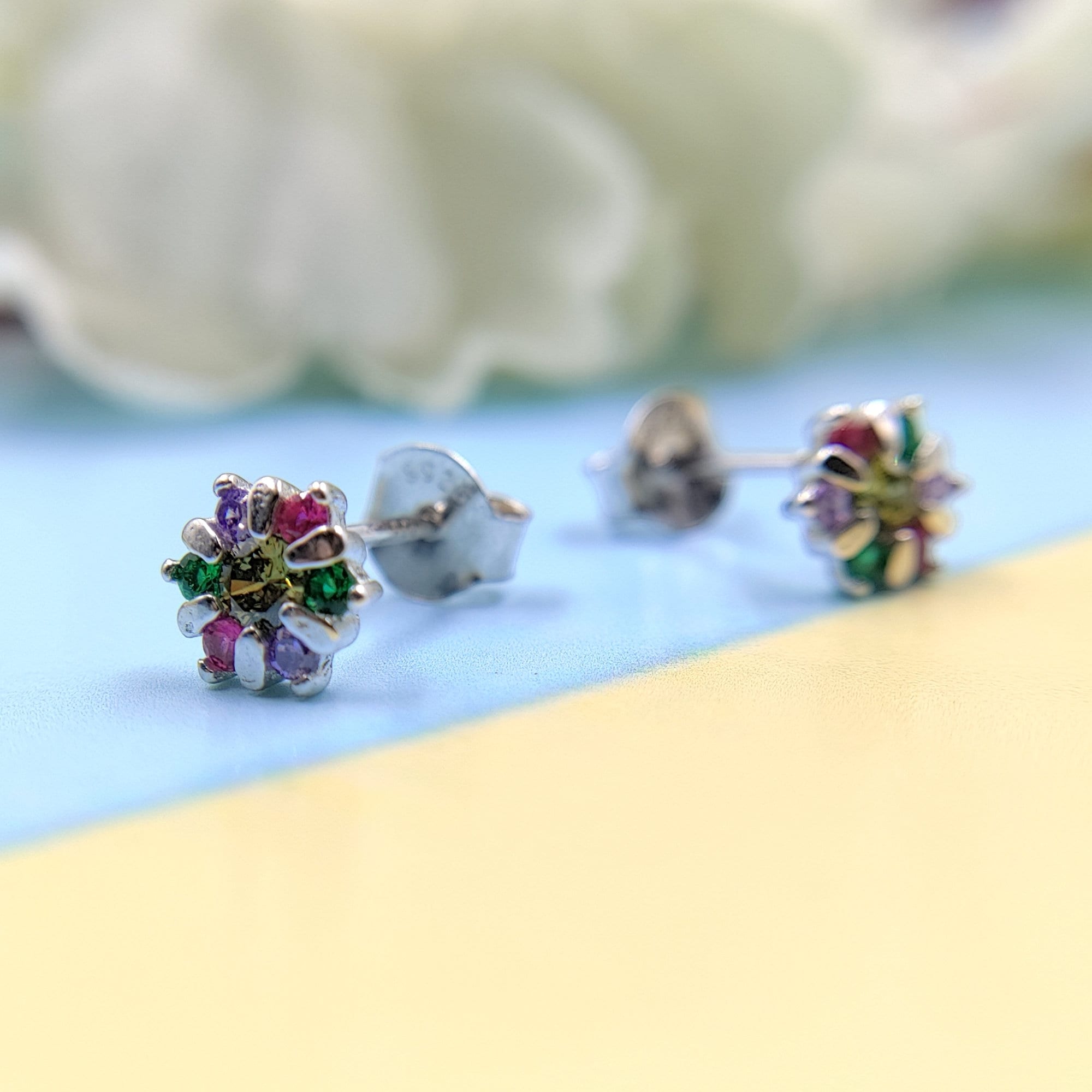 925 Silver Star Round Floral Design Studs Earrings Stylish Colorful Cubic Zirconia Stud Earring Minimalist Handmade Gift