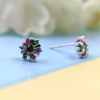 925 Silver Star Round Floral Design Studs Earrings Stylish Colorful Cubic Zirconia Stud Earring