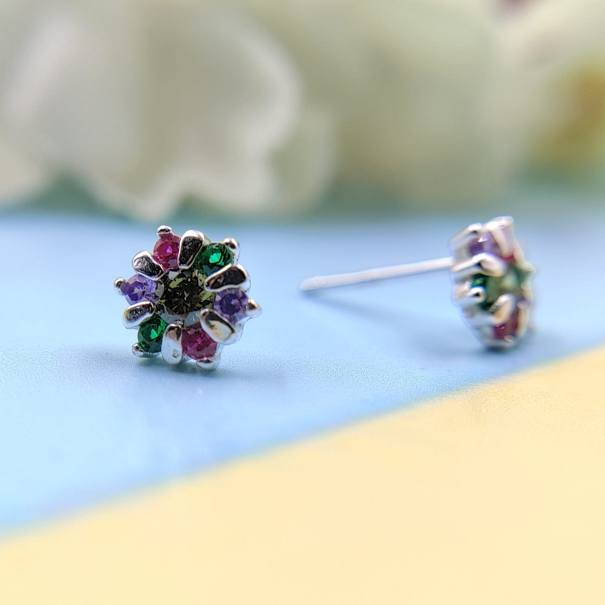 925 Silver Star Round Floral Design Studs Earrings Stylish Colorful Cubic Zirconia Stud Earring Minimalist Handmade Gift