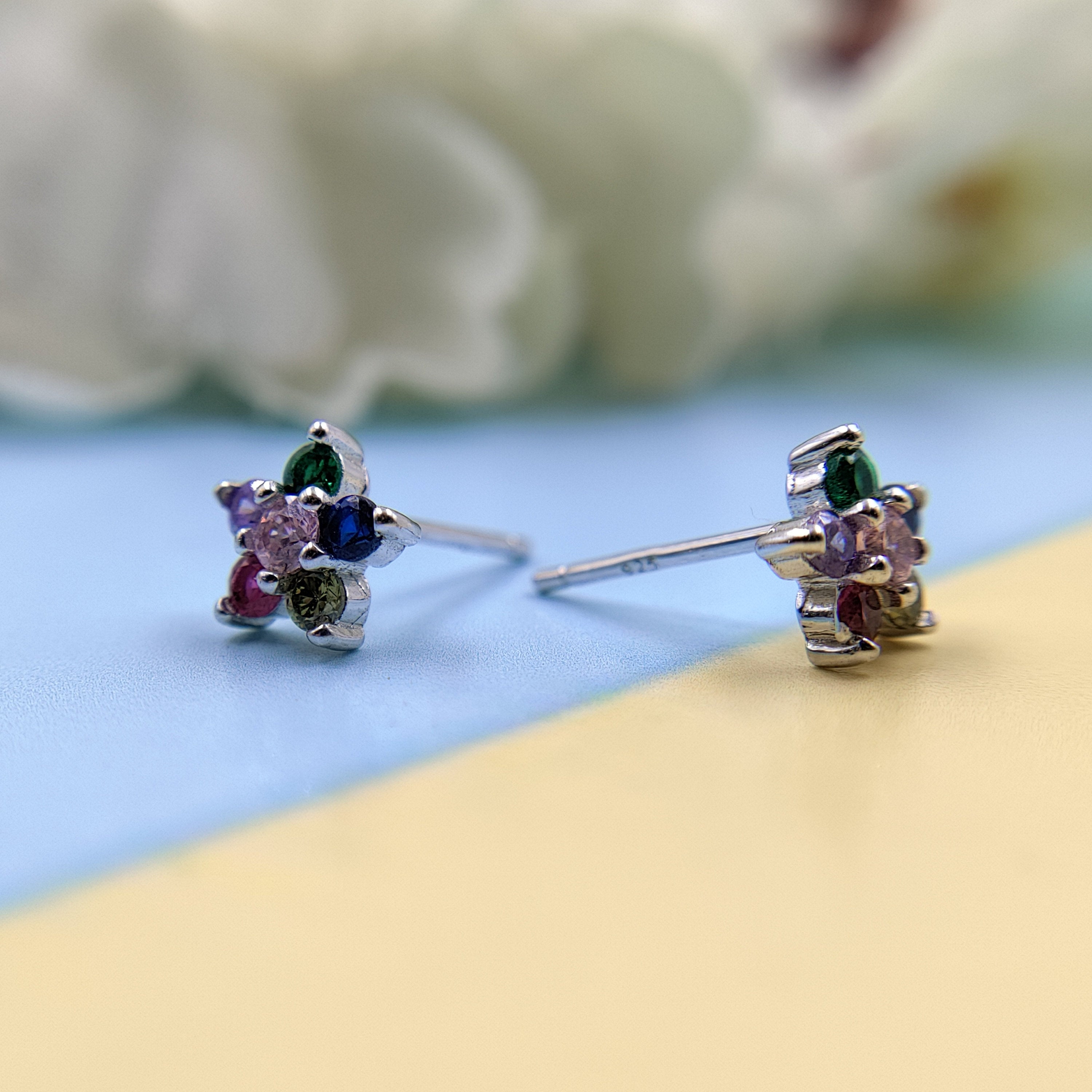 Floral Star of David Studs Earrings Stylish Flower Shaped Colorful CZ Diamond Trending Stud Earring Minimalist Handmade Gift