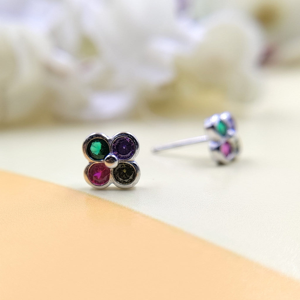 925 Silver Round Floral Design Studs Earrings Stylish Colorful Clover Cubic Zirconia Stud Earring