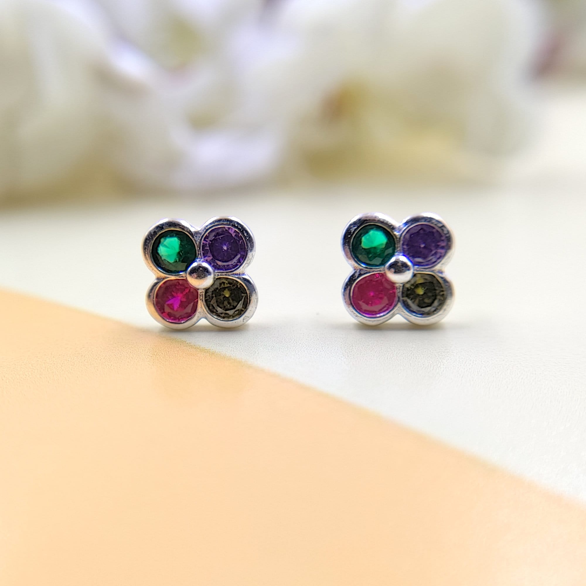 925 Silver Round Floral Design Studs Earrings Stylish Colorful Clover Cubic Zirconia Stud Earring Minimalist Handmade Gift