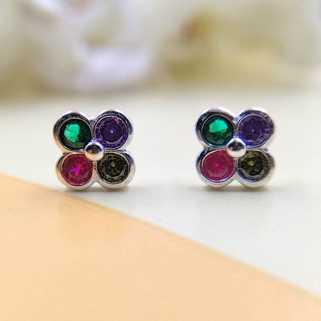 925 Silver Round Floral Design Studs Earrings Stylish Colorful Clover Cubic Zirconia Stud Earring