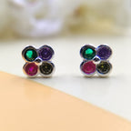 925 Silver Round Floral Design Studs Earrings Stylish Colorful Clover Cubic Zirconia Stud Earring