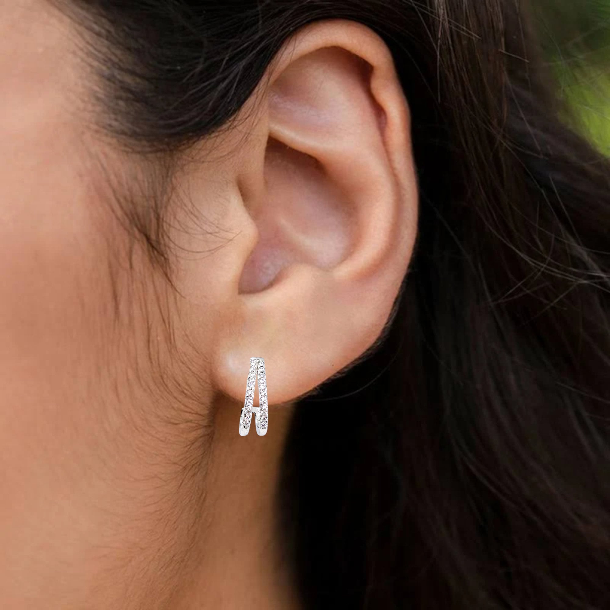 925 Sterling Silver J Hoop Earrings Cubic Zirconia Diamond Studded Bali Solid Silver Minimalist Handmade Gift-17x7 mm