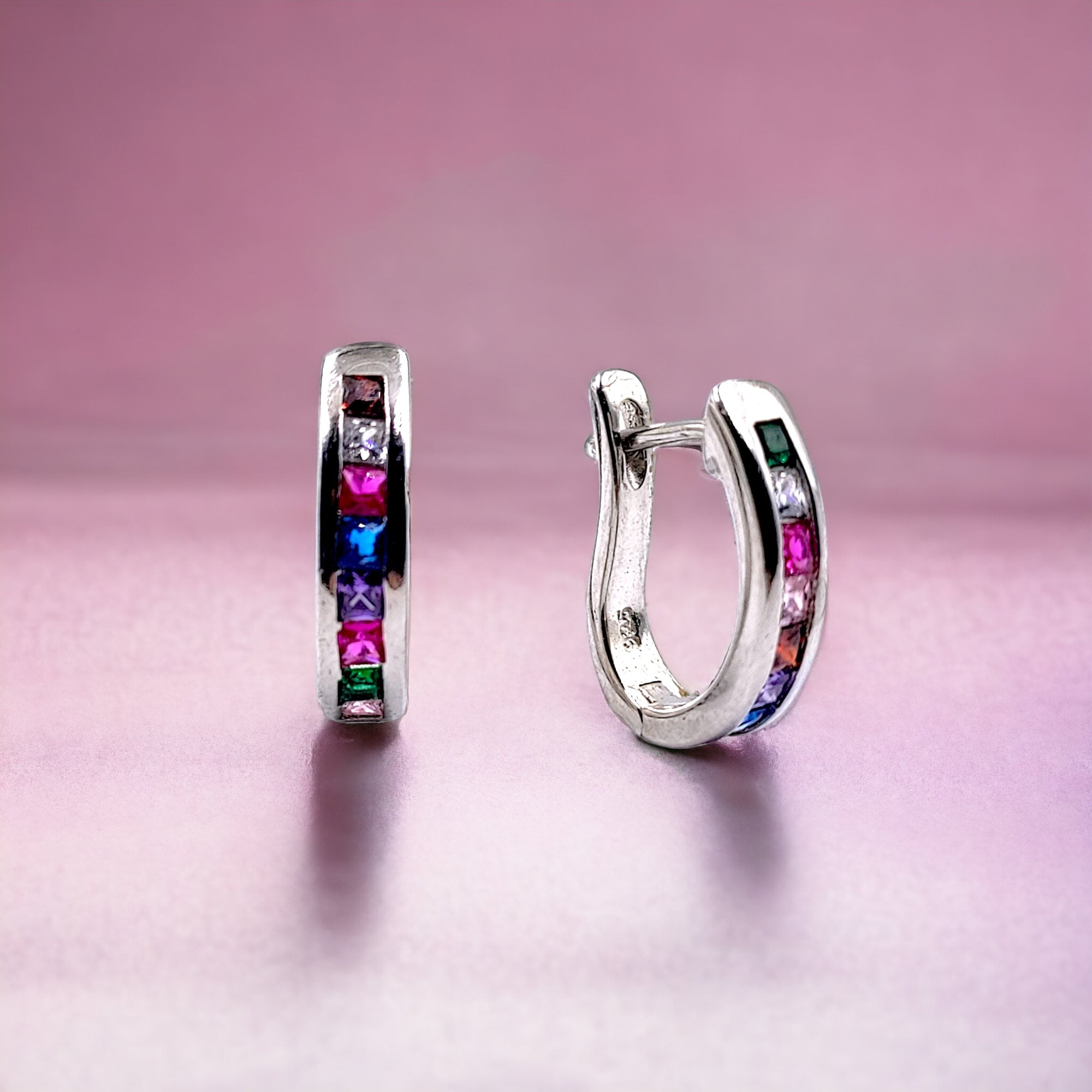 Colorful CZ Hoop Earrings Tiny Micro Pave CZ Round Charm Earrings for Women 925 Sterling Silver-15x3 mm