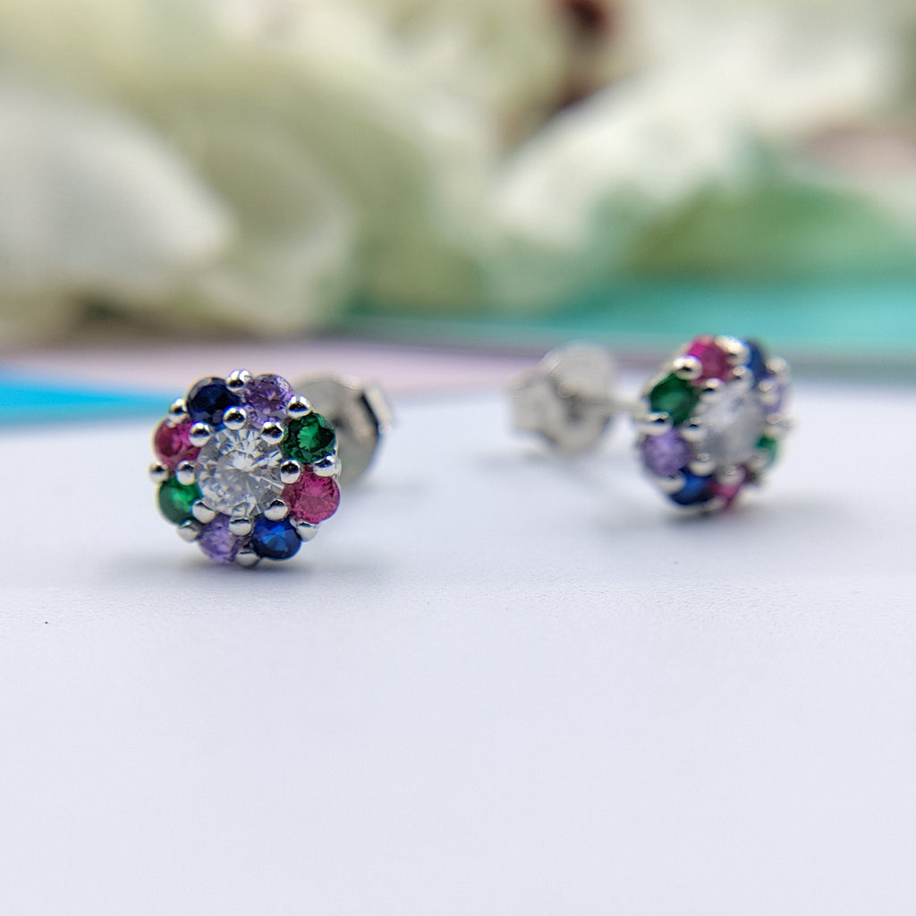 925 Silver Earring with Colorful Flower Jewelry Cubic Zirconia Floral Stud Earring