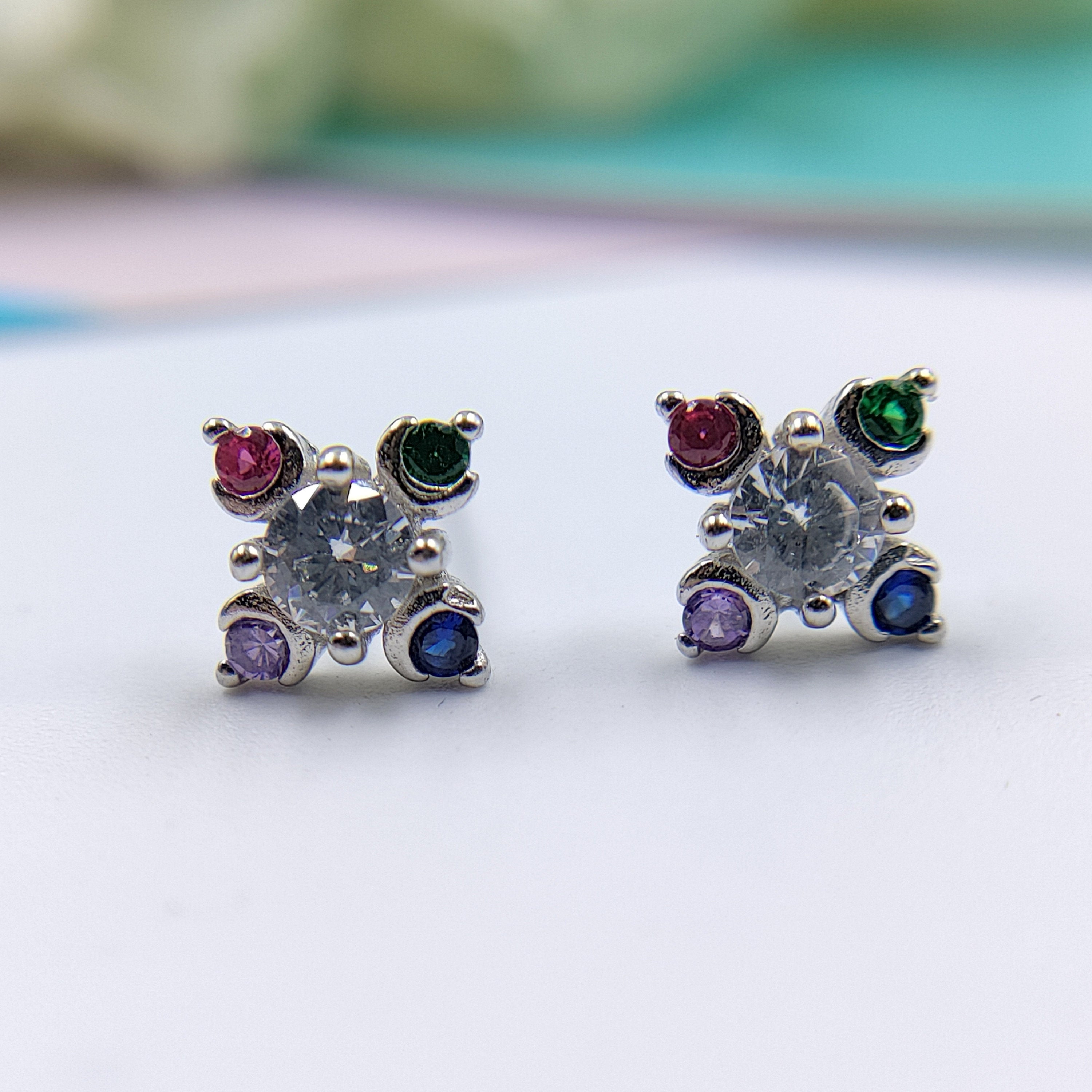 925 Silver Earring Rainbow Flower Stud Earrings Beautiful Stylish Colorful CZ Little Floral Stud Earring Minimalist Handmade Gift