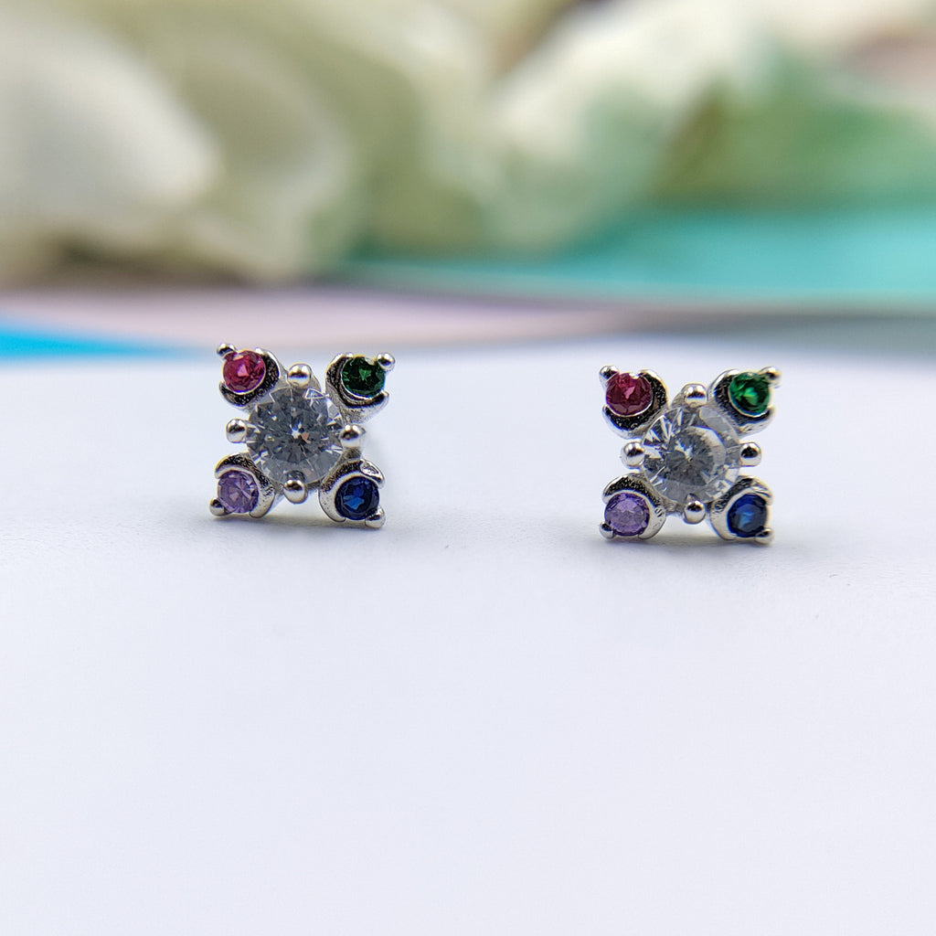 925 Silver Earring Rainbow Flower Stud Earrings Beautiful Stylish Colorful CZ