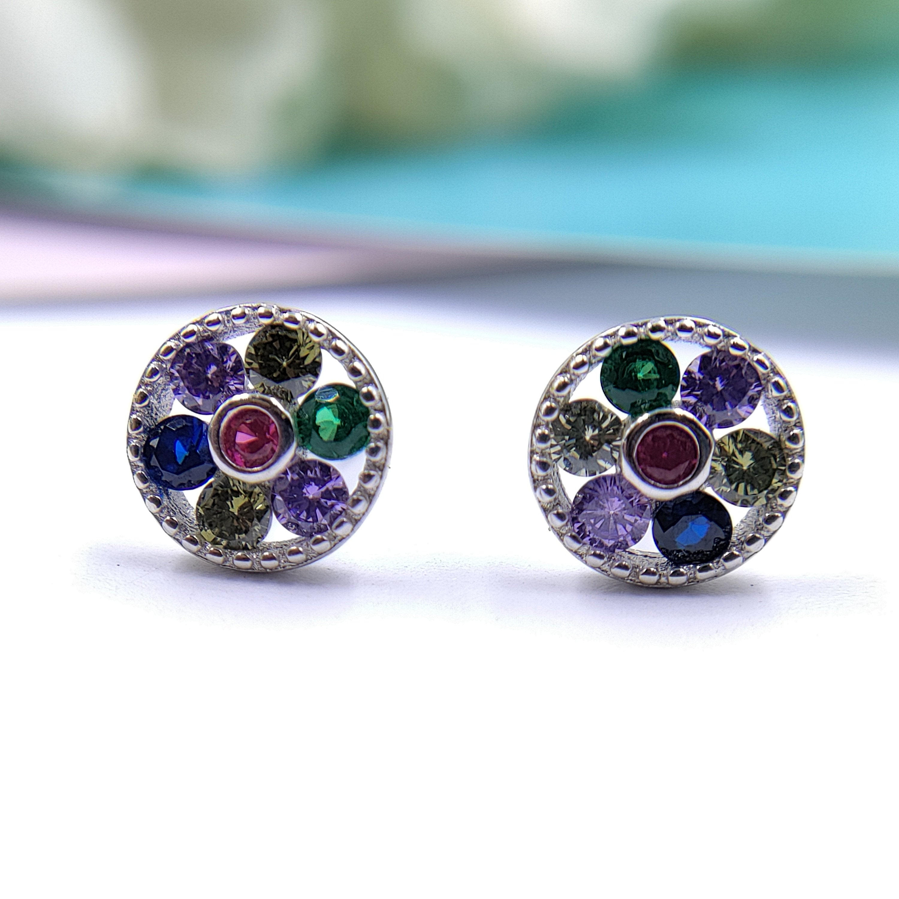 Cubic Zirconia Floral Stud Earring 925 Silver Earring with Colorful Flower Vibrant Stud Stylish Circle Minimalist Handmade Gift