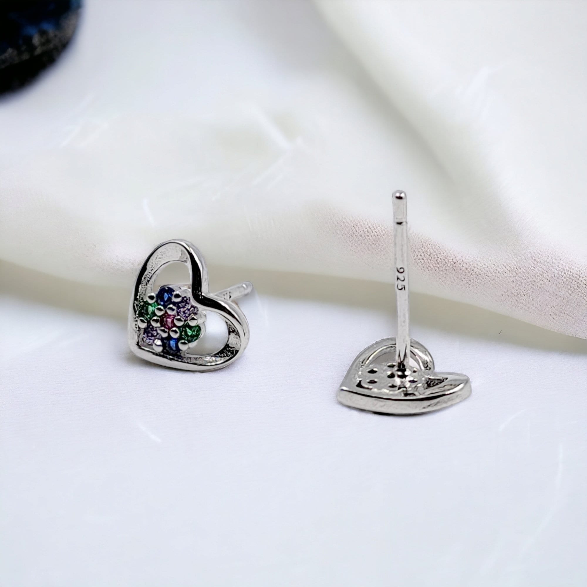 925 Sterling Silver Pretty Heart with Multicolor CZ Flower Stud Earrings Jewelry for Women Fine Jewelry Earrings Handmade Gift