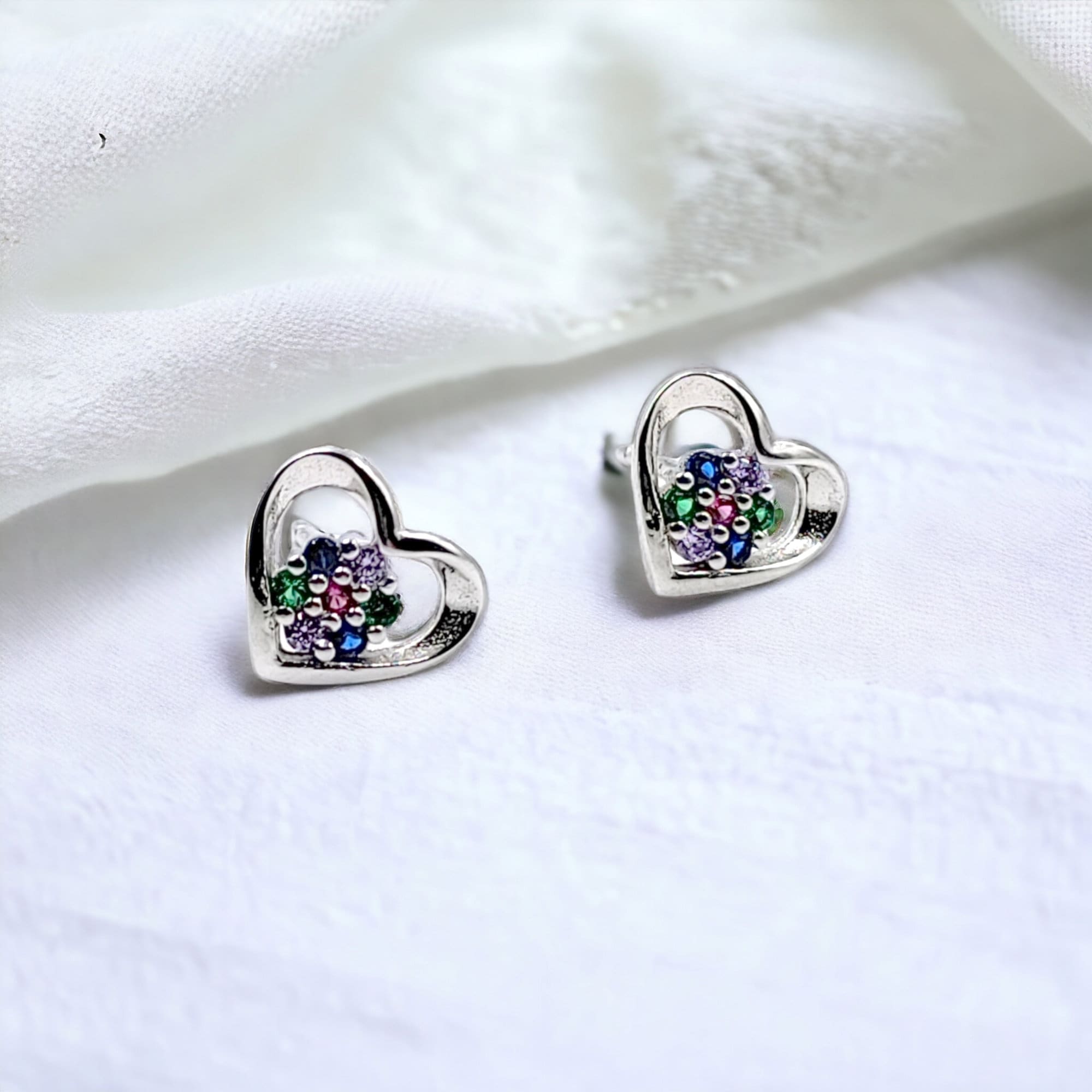925 Sterling Silver Pretty Heart with Multicolor CZ Flower Stud Earrings Jewelry for Women Fine Jewelry Earrings Handmade Gift