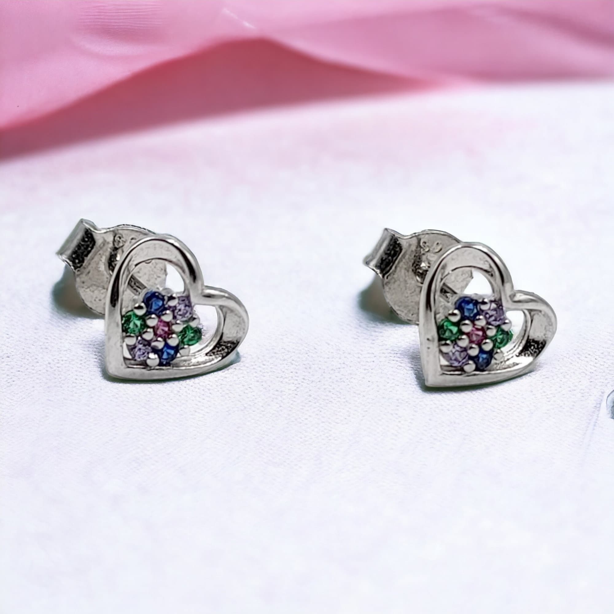 925 Sterling Silver Pretty Heart with Multicolor CZ Flower Stud Earrings Jewelry for Women Fine Jewelry Earrings Handmade Gift