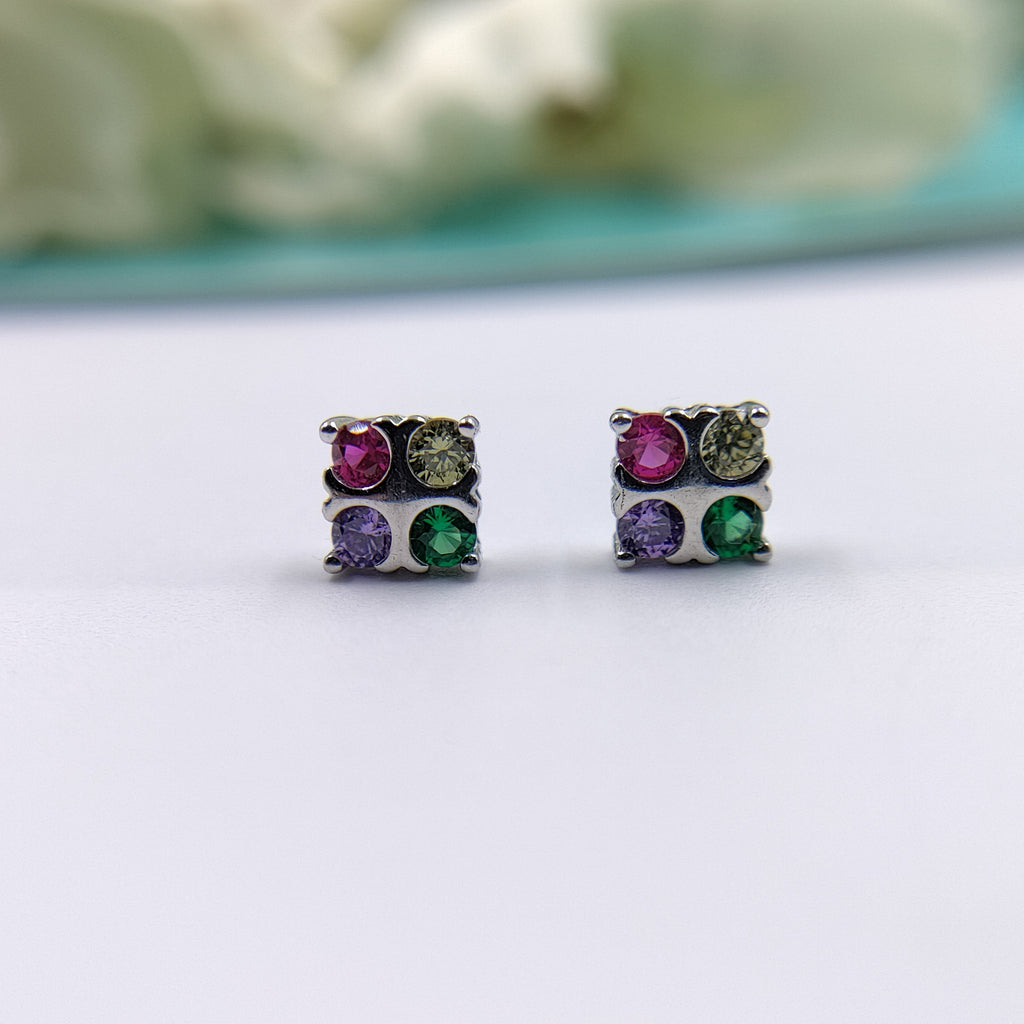 Square Shaped Flower Push Back Earrings CZ Diamonds Sterling Silver 925 Multicolor Floral Design