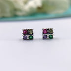 Square Shaped Flower Push Back Earrings CZ Diamonds Sterling Silver 925 Multicolor Floral Design