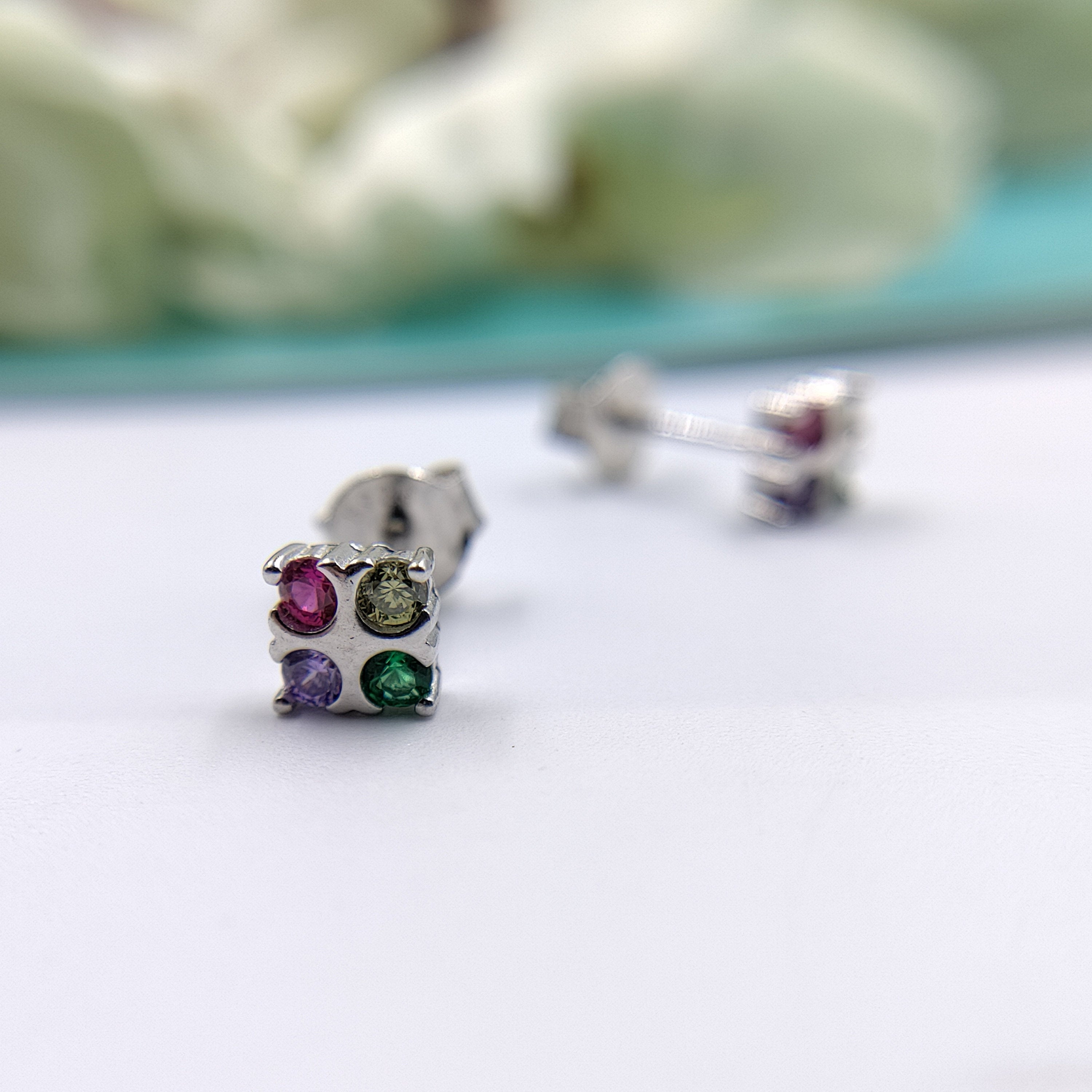 Square Shaped Flower Push Back Earrings CZ Diamonds Sterling Silver 925 Multicolor Floral Design Studs Minimalist Handmade Gift