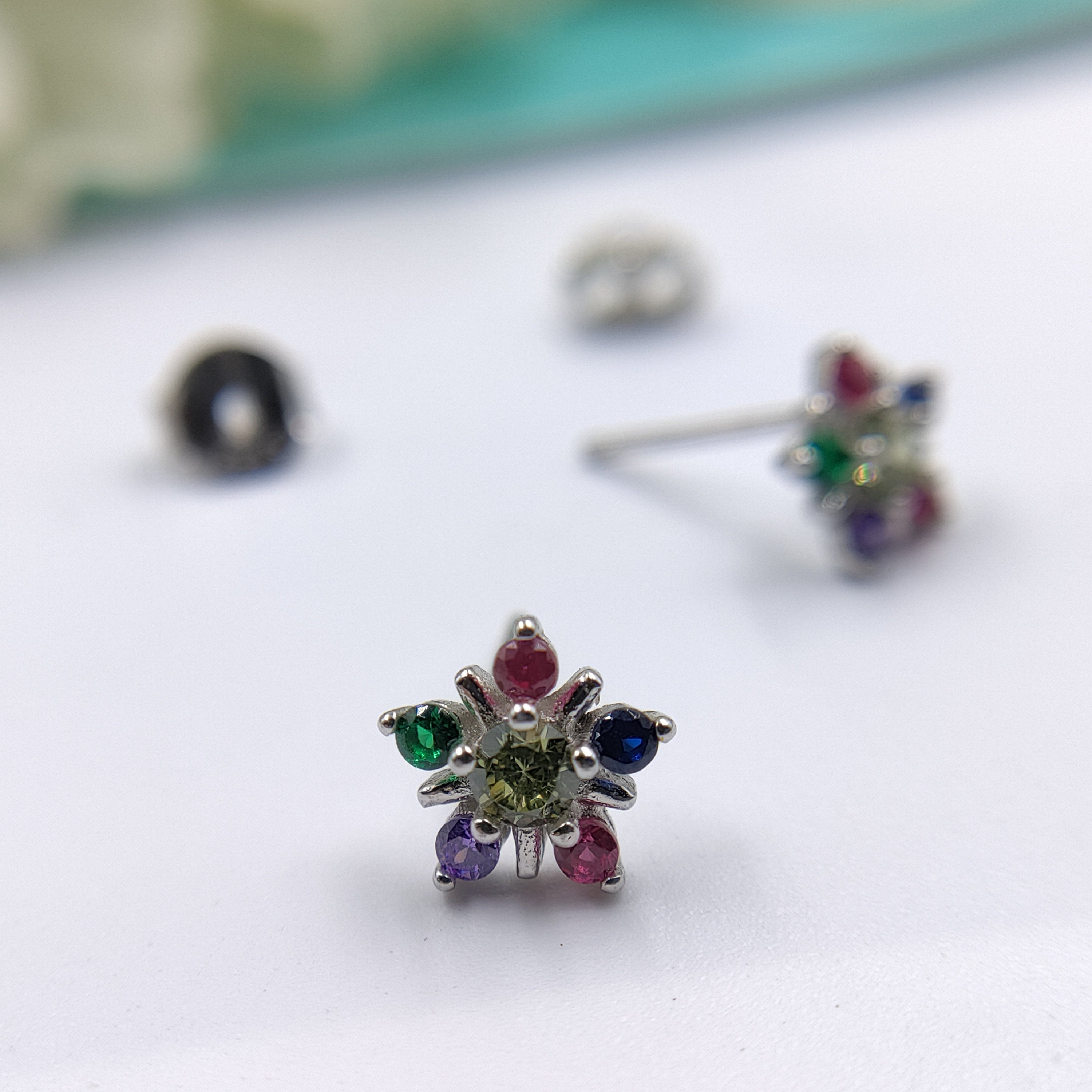 Beautiful 925 Silver Star Round Floral Design Studs Earrings Stylish Colorful Cubic Zirconia Stud Earring