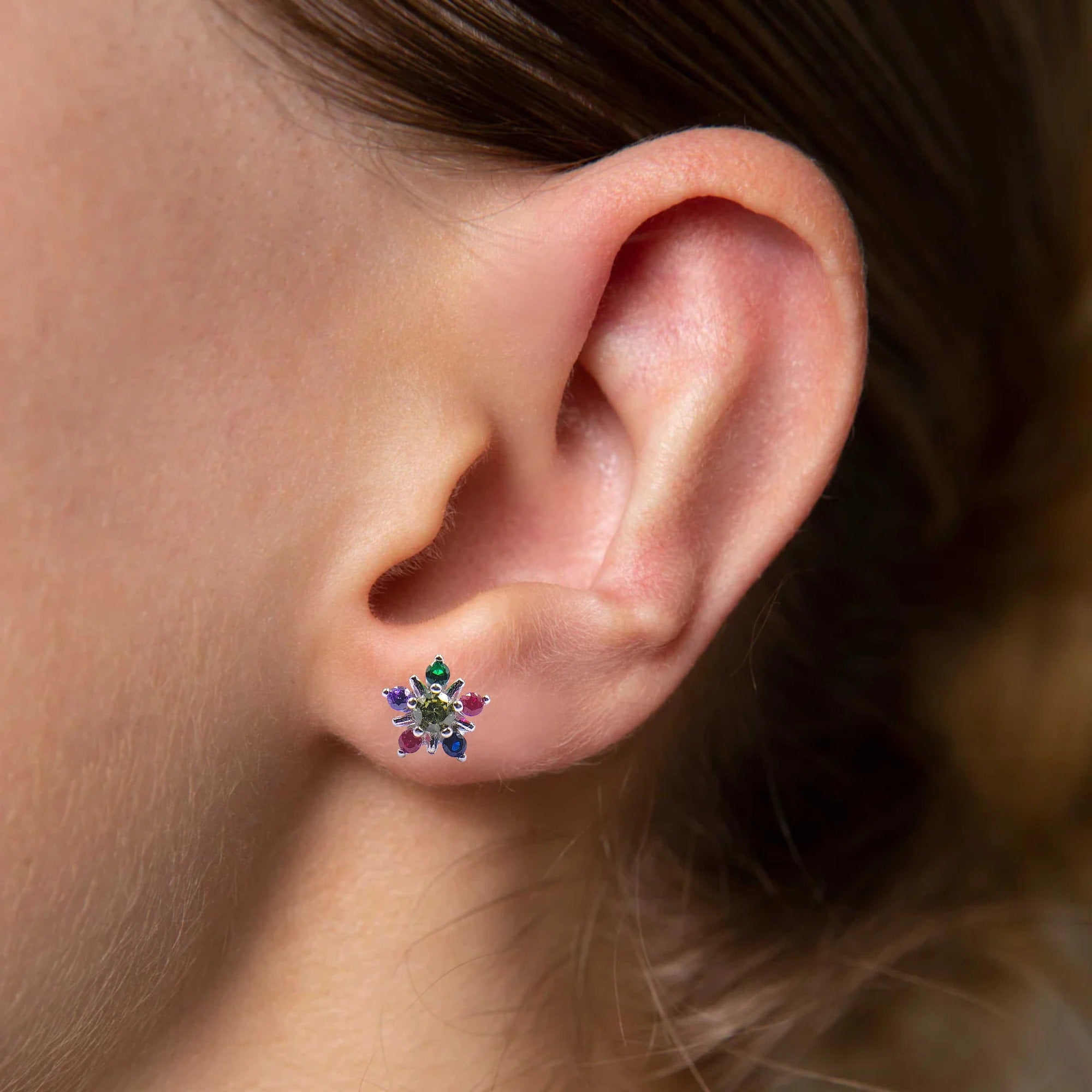 Beautiful 925 Silver Star Round Floral Design Studs Earrings Stylish Colorful Cubic Zirconia Stud Earring