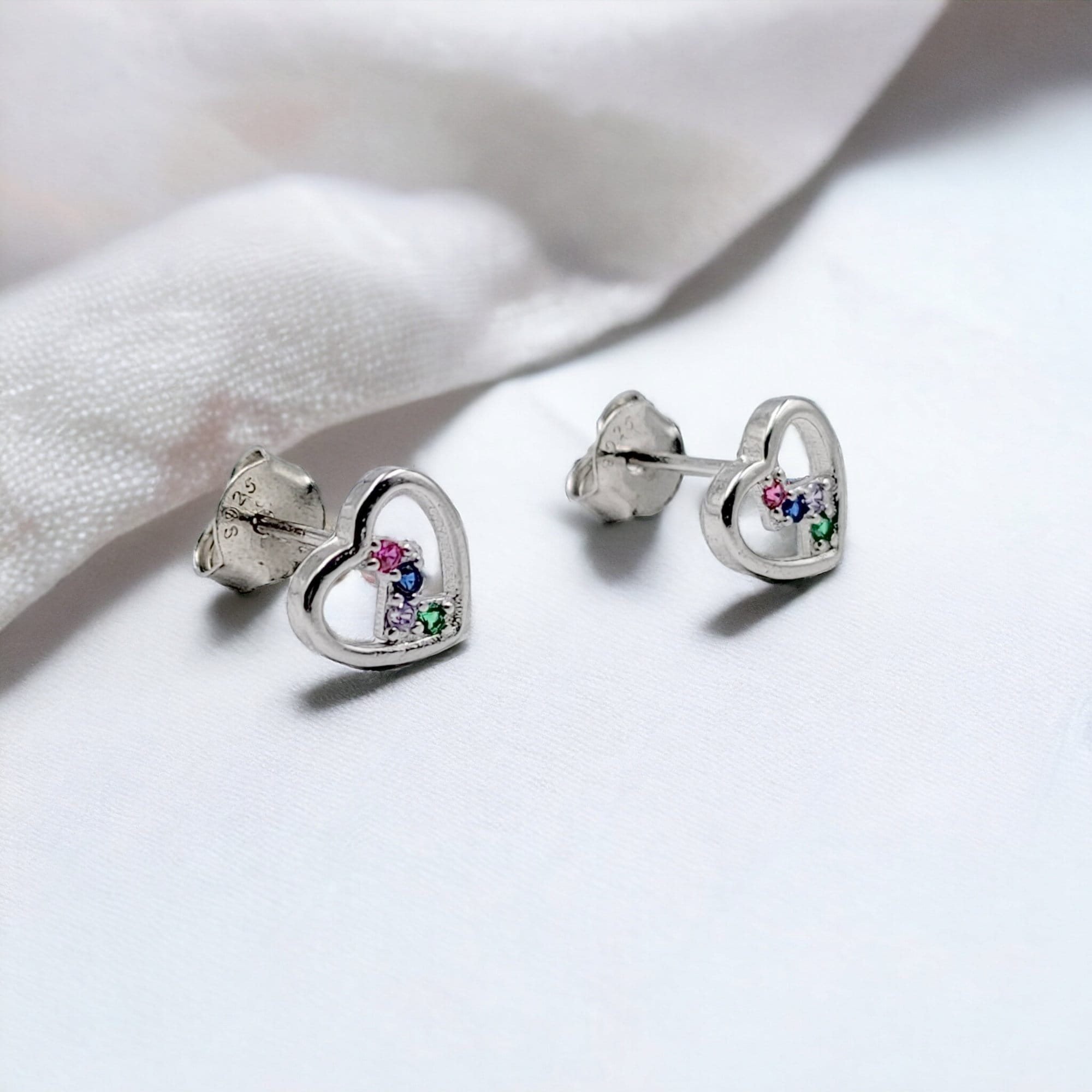 925 Sterling Silver Pretty Heart with Multicolor Zig Zag CZ Stud Earrings Jewelry for Women Fine Jewelry Handmade Gift