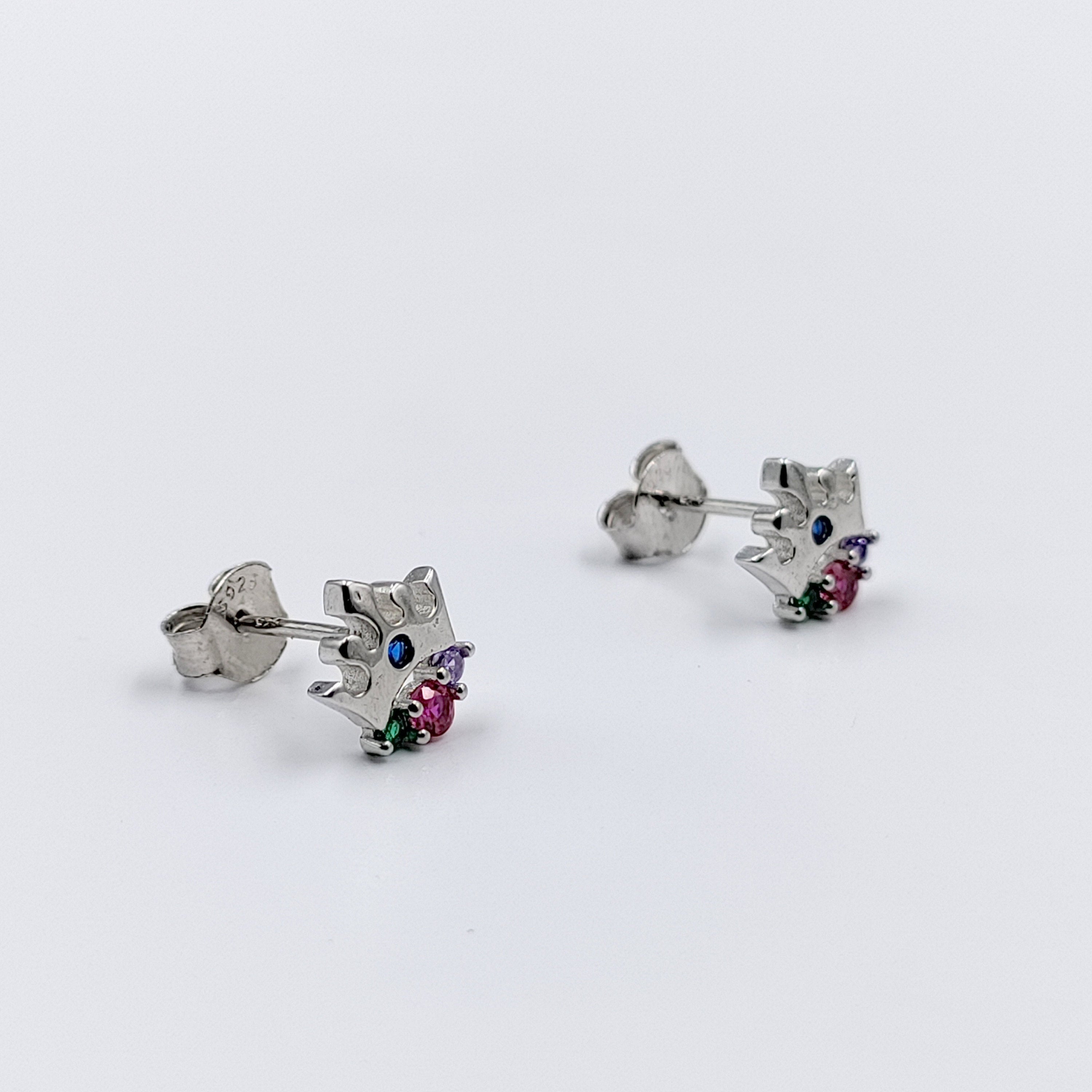 Sterling Silver Crown Earring with Multi Coloured CZ Detail Queen Princess Stud Earrings Minimalist Handmade Gift