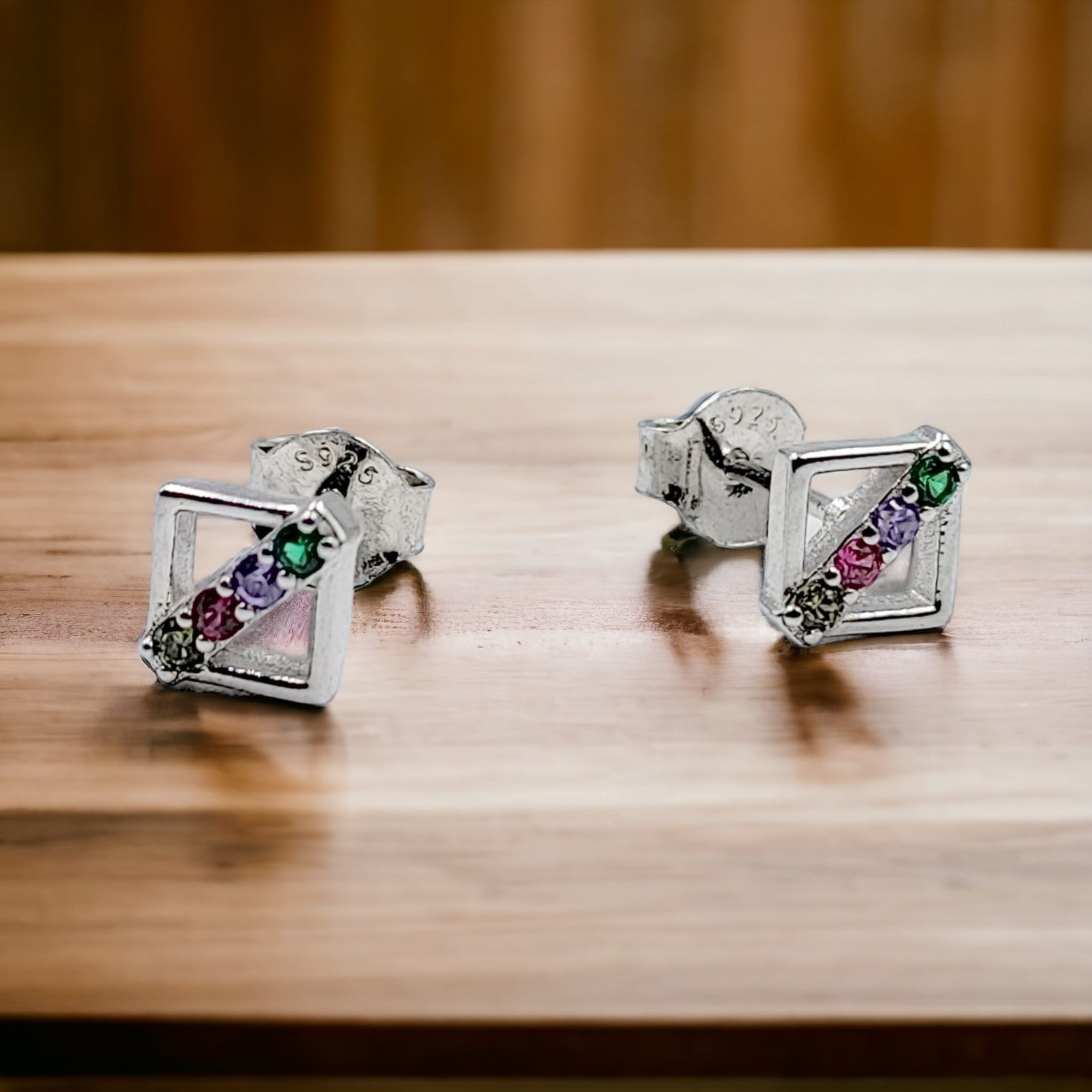 Colorful Cubic Zirconia Strips Line in Square Studs 925 Sterling Silver Cubic Earrings Stud Earrings for Women