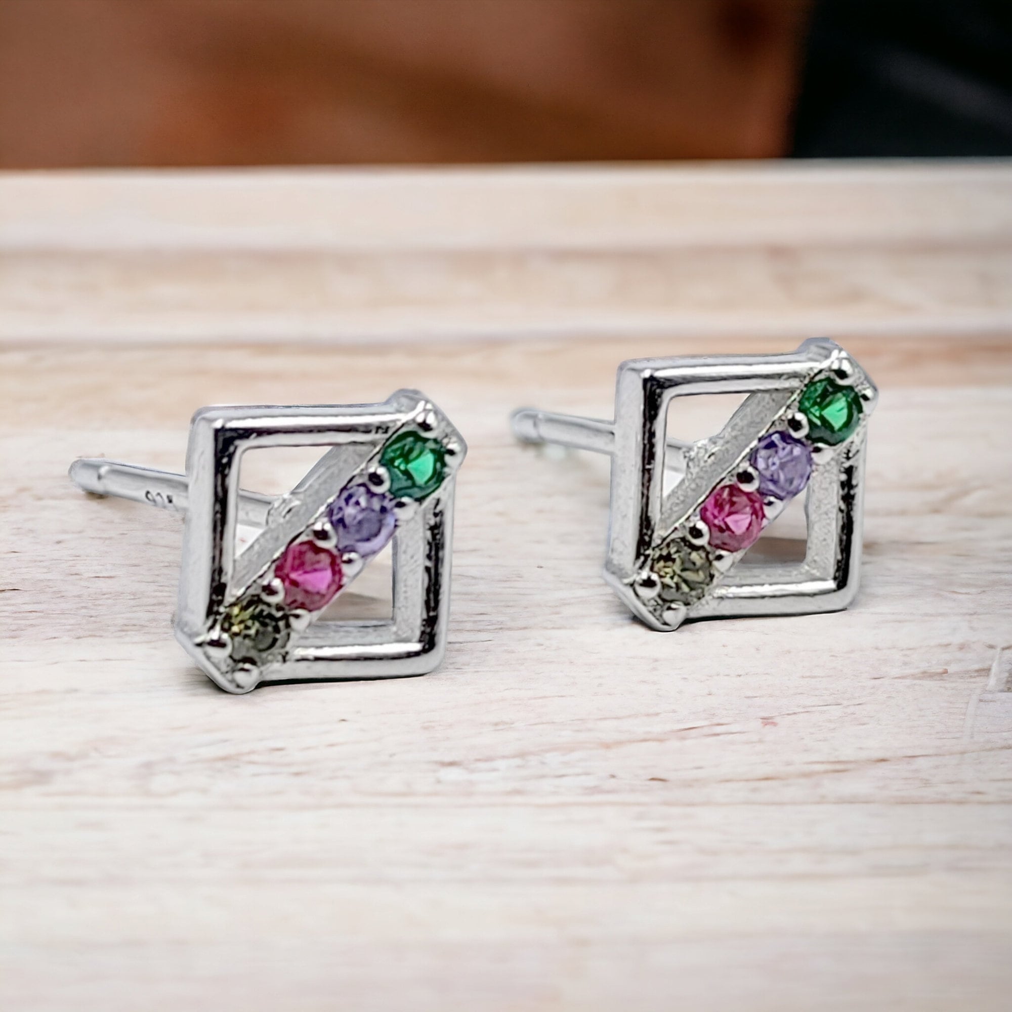 Colorful Cubic Zirconia Strips Line in Square Studs 925 Sterling Silver Cubic Earrings Stud Earrings for Women