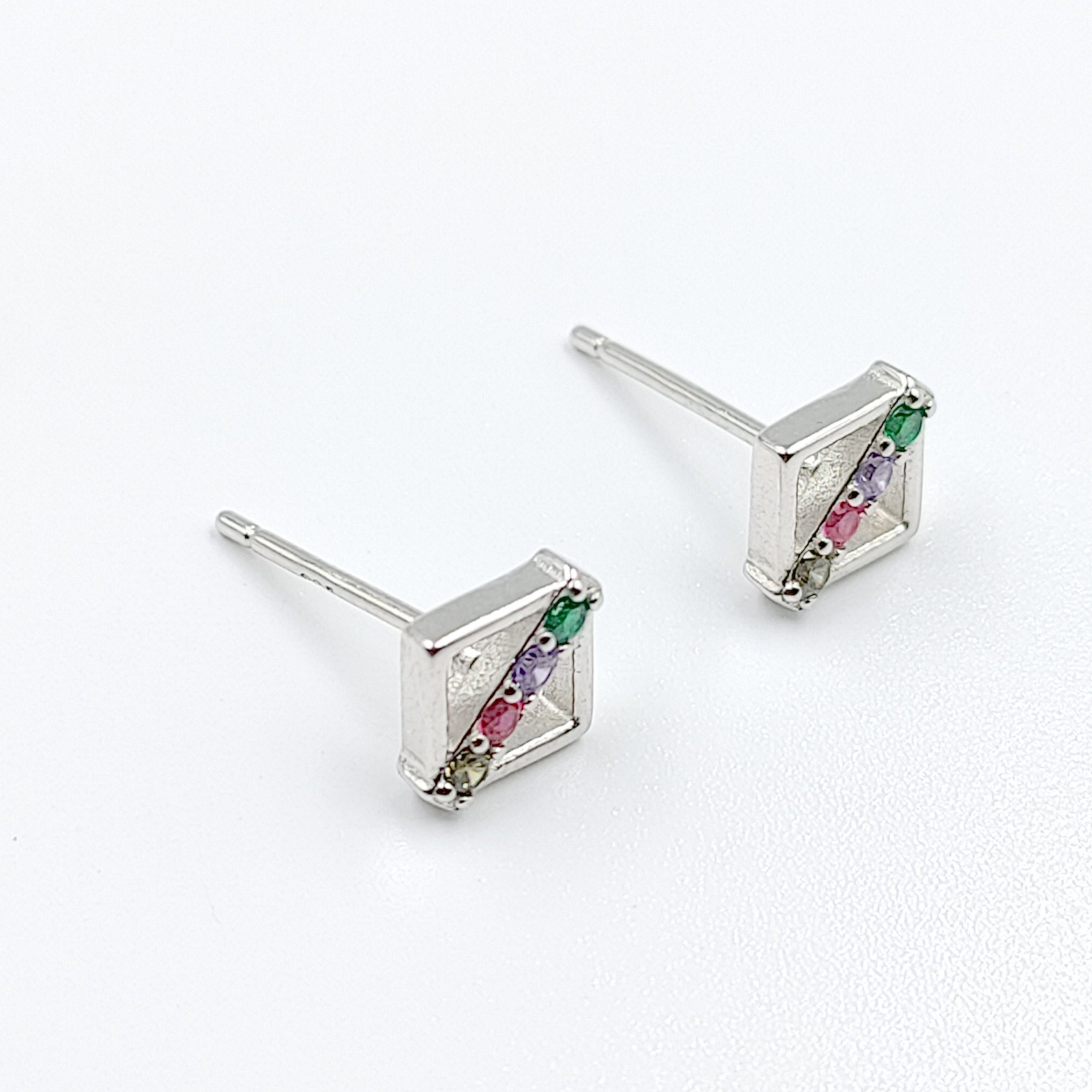 Colorful Cubic Zirconia Strips Line in Square Studs 925 Sterling Silver Cubic Earrings Stud Earrings for Women