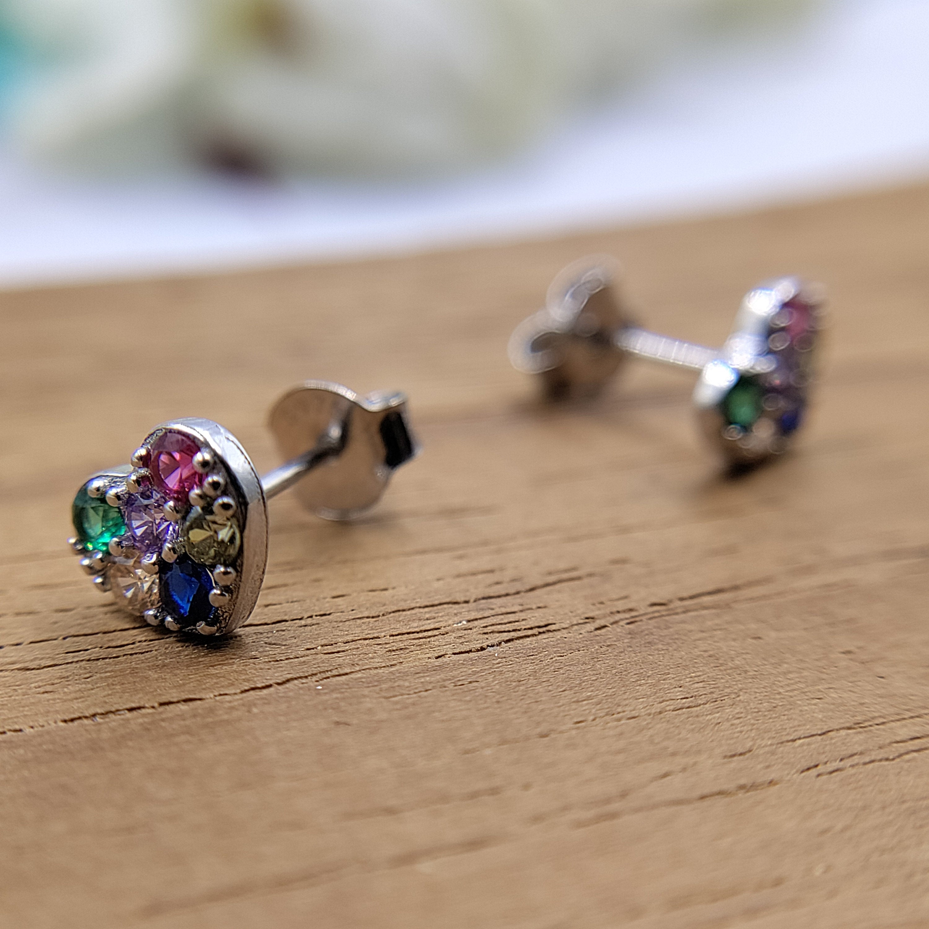 925 Sterling Silver Lovely Heart with Multicolor CZ Stud Earrings Jewellery for Women Handmade Gift