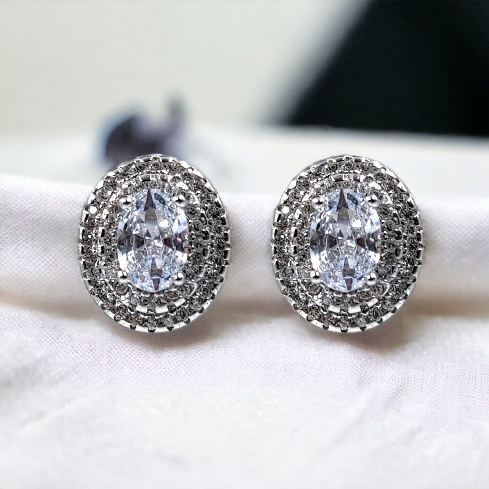 Cubic Zirconia Halo Oval Stud Earrings Sterling Silver CZ Earrings Bridal Wedding Bridesmaids Gift -13x11 mm