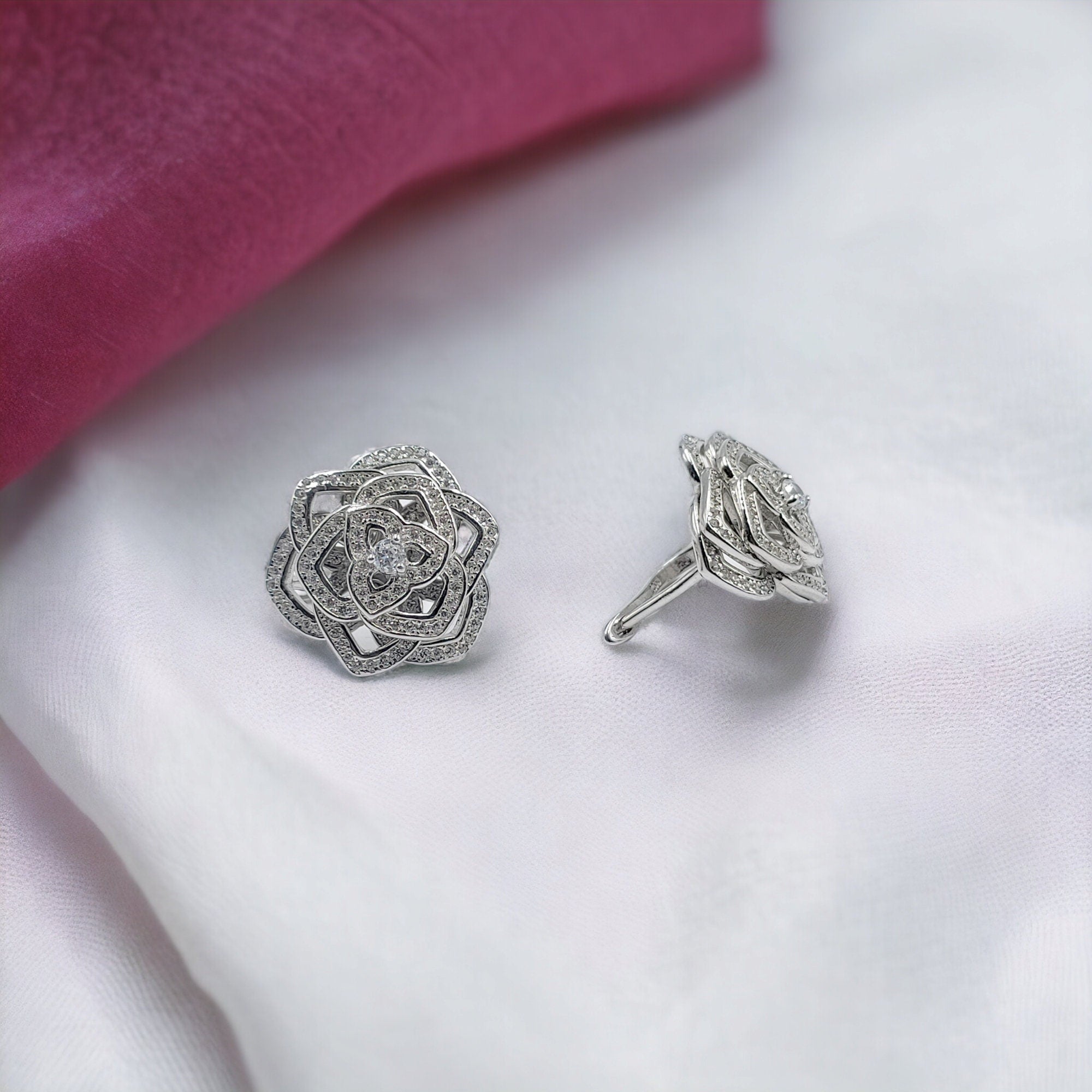 Silver Floral Stud Earrings Sparkling CZ 925 Sterling Silver Stud Asymmetric Unique Trending Jewellery Minimalist Handmade Gift