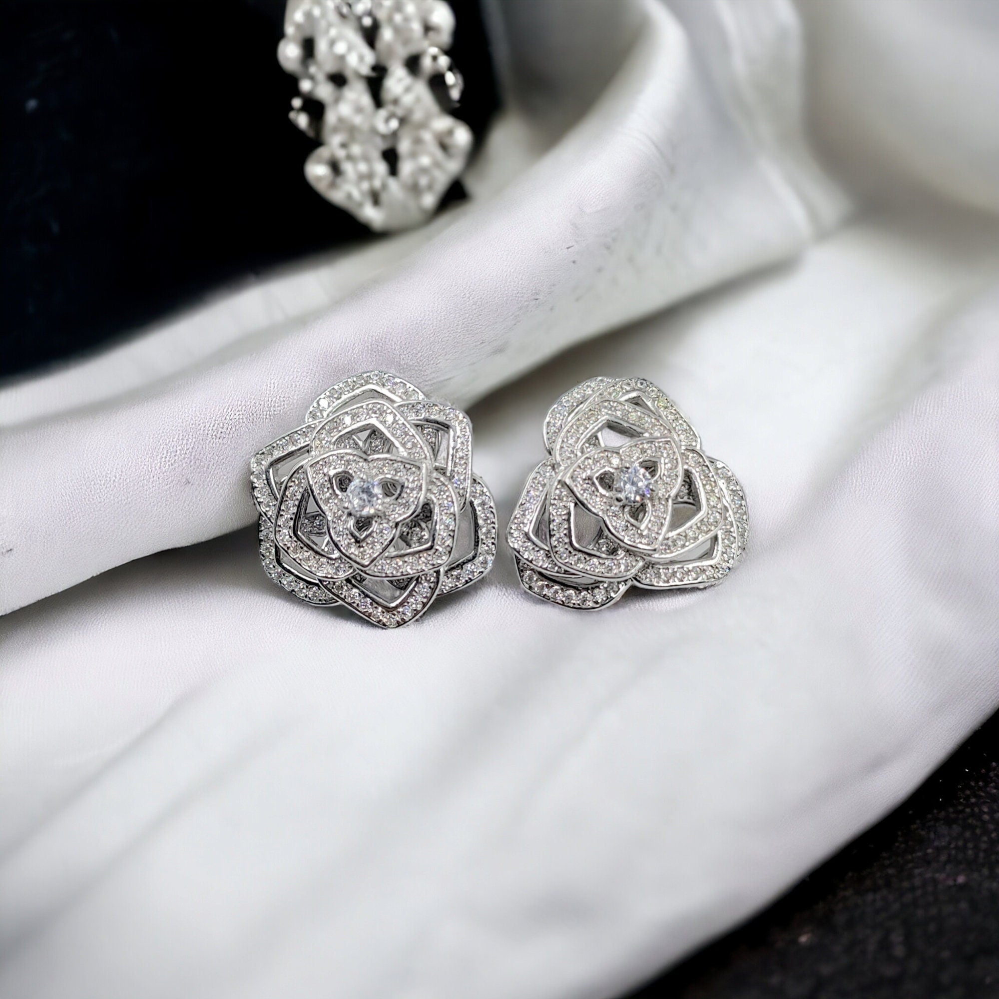 Silver Floral Stud Earrings Sparkling CZ 925 Sterling Silver Stud Asymmetric Unique Trending Jewellery Minimalist Handmade Gift