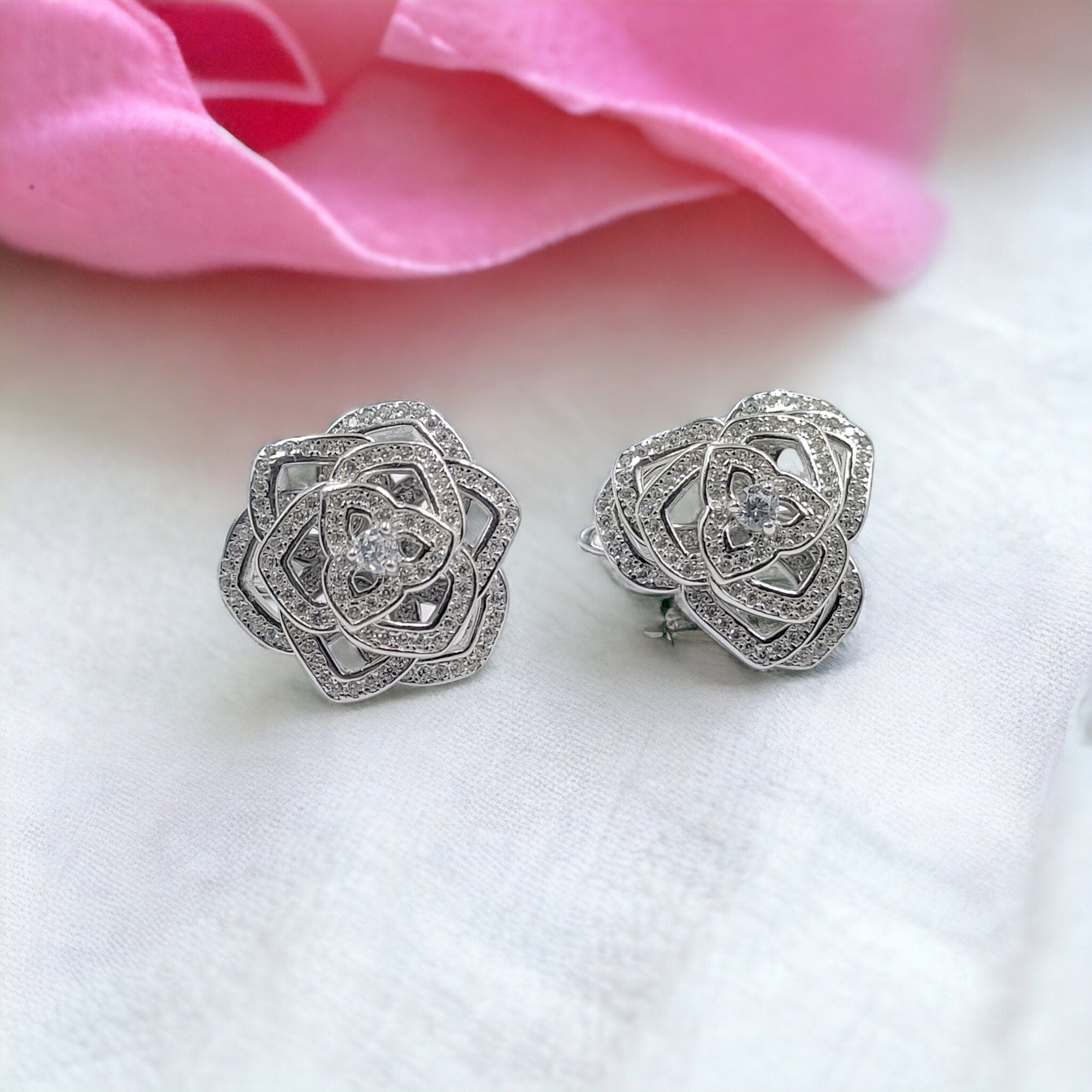 Silver Floral Stud Earrings Sparkling CZ 925 Sterling Silver Stud Asymmetric Unique Trending Jewellery Minimalist Handmade Gift