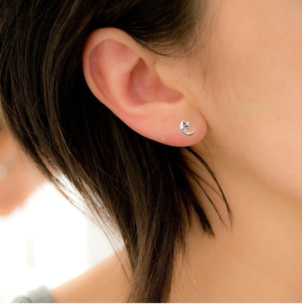 Unique Hawaiian Moon Star Earring 925 Sterling Silver Gift for Birthday Mother Wife Mom Minimalist Handmade Gift Stud with Pushback
