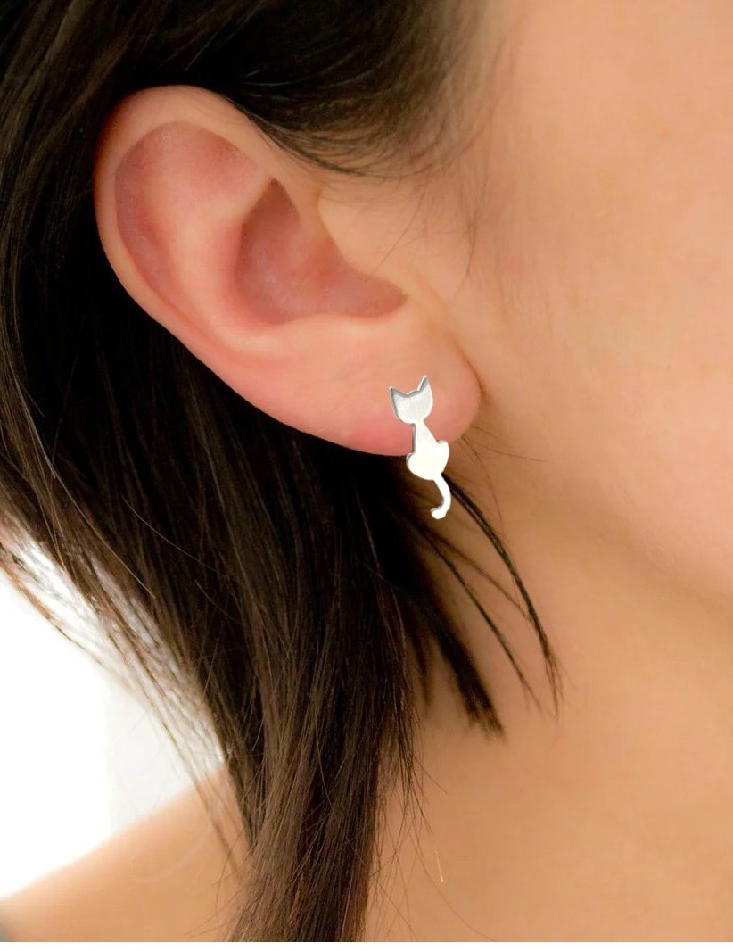 Silver Small Cat Stud Earring for Girl Cat Jewelry Kitten Stud earring Minimalist Handmade Gift for Animal Cat lover Studs with Pushback
