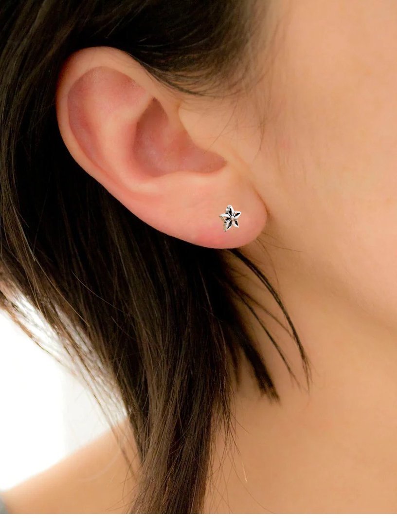 Solid SIlver Star shape Flower Stud Earrings Elegant Sparkling Flower Stud Post Floral Petal Studs Handmade Gift Stud Pushback Solid 925
