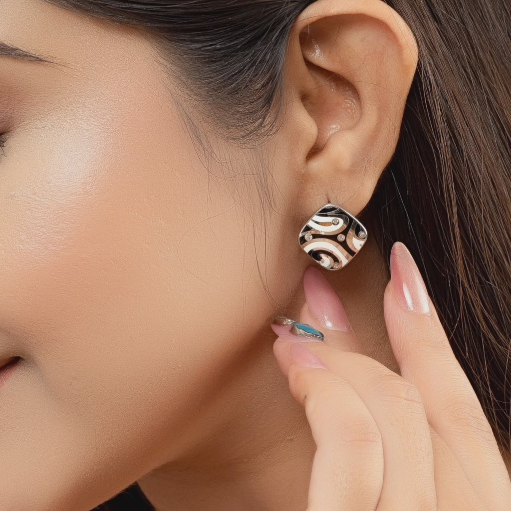 Black and White Swirl Pattern Stud Earrings Women 925 Sterling Silver CZ Statement Enamel Jewelry-18x18 mm