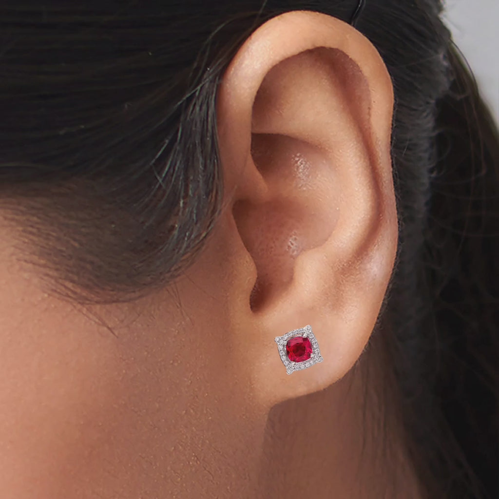 925 Silver Red Ruby Stud Earrings Cushion Cut Red CZ Earrings Halo Sparkle Studs